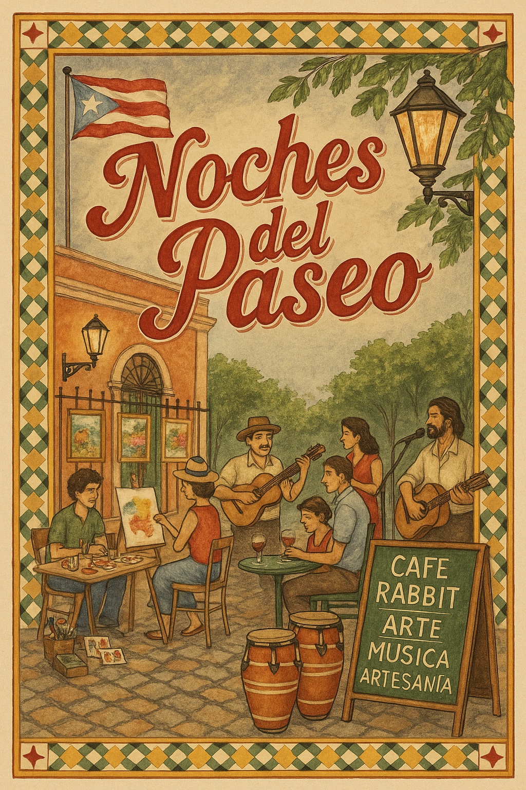 Cartel de Noches del Paseo: ilustración de músicos, arte y artesanía, con bandera de Puerto Rico y faroles en tonos cálidos.